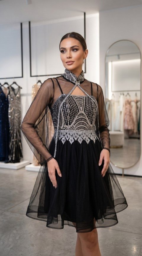 فستان سهرة أسود لامع